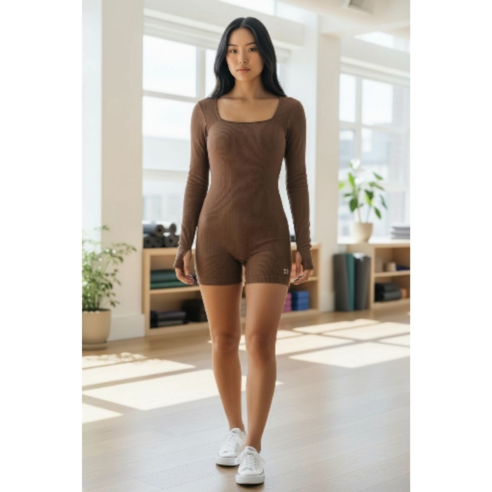 Ribbed Long-Sleeve Brown Romper Jumpsuit